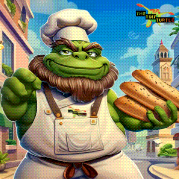 a cartoon of a frog with a chef 's hat and apron holding bread