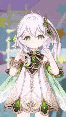 a cartoon girl with white hair and green eyes is wearing a green and white dress