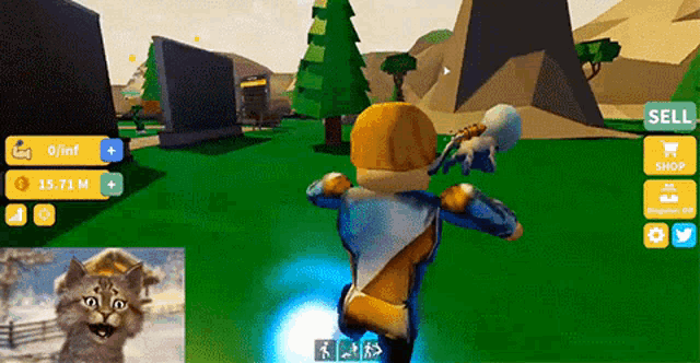 a screenshot of a video game with a cat in the foreground and the word sell at the top