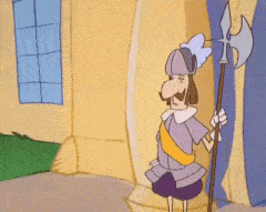 a cartoon of a man in armor holding an axe in front of a building .