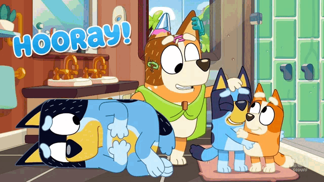 a group of cartoon dogs are standing in a bathroom with the words hooray above them