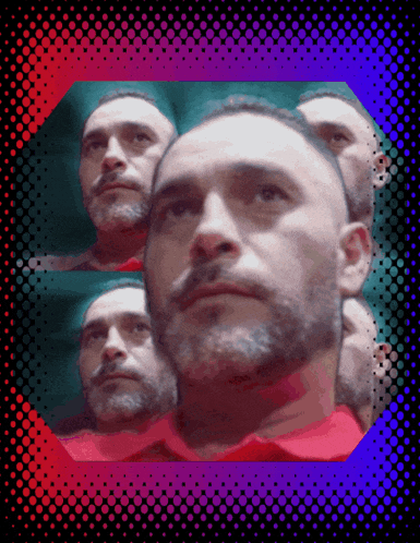 a man with a beard and a red shirt is surrounded by a purple and red border