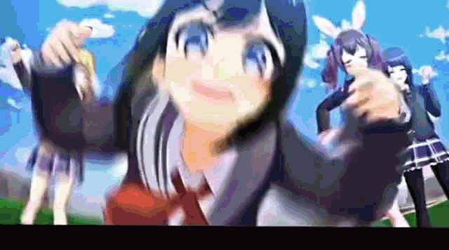 a blurry picture of a girl with bunny ears pointing at the camera