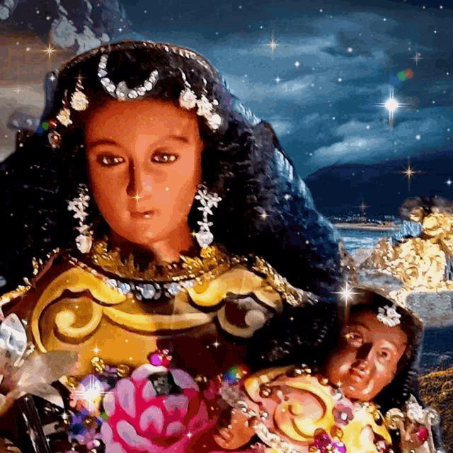 a painting of a woman holding a baby with a starry sky in the background