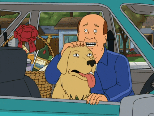 a cartoon of a man and a dog in a car with a bottle of pinot noir