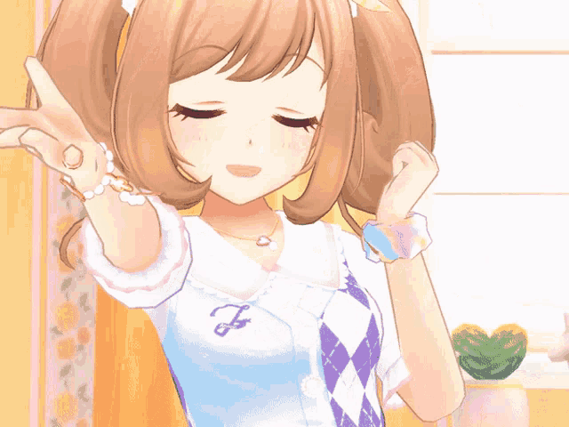 a close up of a girl 's face with a flower bracelet on her wrist