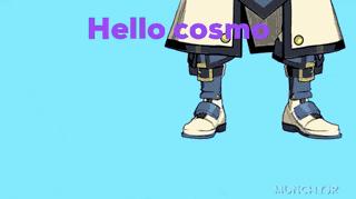 a cartoon character says hello cosmo in purple letters on a blue background