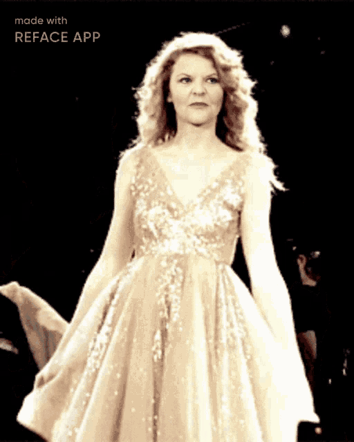 a photo of a woman in a gold dress is made with reface app