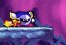 a cartoon character is laying on a purple surface in a video game .