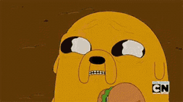 a cartoon character eating a sandwich with cn on the bottom