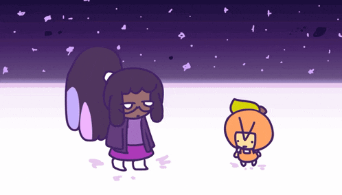 a cartoon drawing of a girl and an orange cartoon character standing next to each other