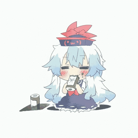 a cartoon girl with long white hair and a red hat is sitting next to a can of soda .