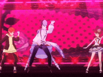 a group of anime characters dancing on a stage