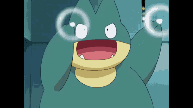 a blue and yellow cartoon character with white eyes and a red mouth