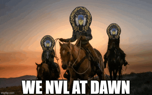 a group of people riding horses with the words we nvl at dawn written below them