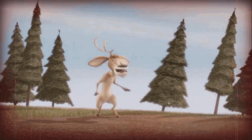 a cartoon deer with an arrow in its mouth is standing in a field surrounded by trees .