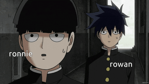 two anime characters ronnie and rowan are standing next to each other in a hallway