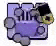a purple and white block with a green eye and a black hat on it .
