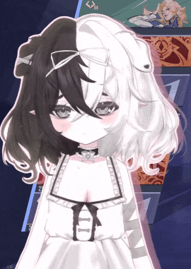 a girl with half black and half white hair has a choker around her neck