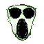 a pixel art drawing of a ghost with glowing eyes and a screaming face .