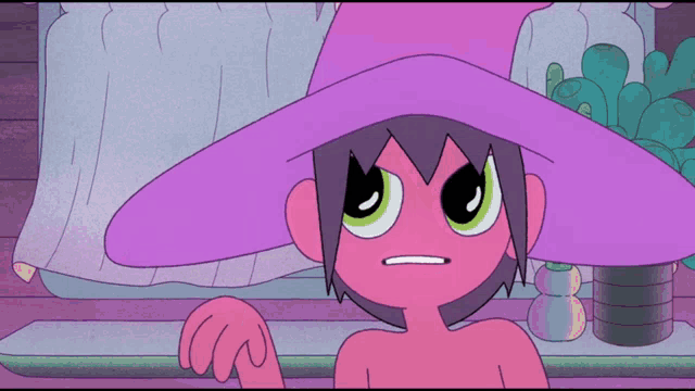 a cartoon character wearing a purple hat with green eyes looks angry