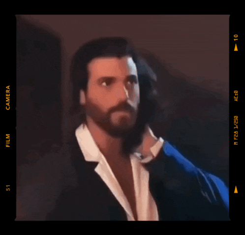 a painting of a man with long hair and a beard with film camera written on the bottom