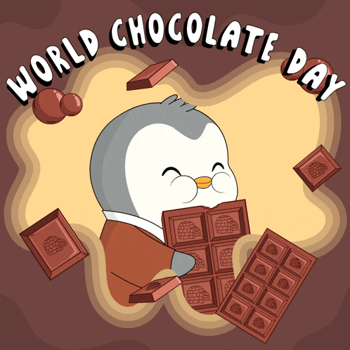 an illustration of a penguin holding a bar of chocolate with the words world chocolate day below it