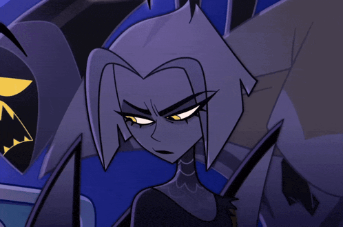 a cartoon drawing of a woman with a purple hair and yellow eyes