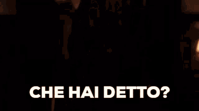 a woman is standing in a dark room with the words `` che hai detto '' written in white .