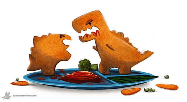 a cartoon of two dinosaurs eating a plate of food