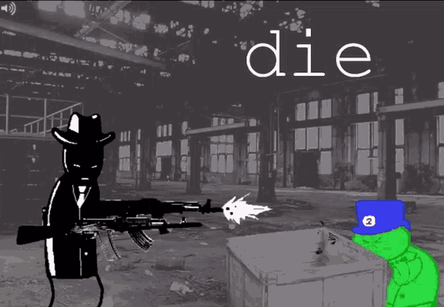 a cartoon of a man with a gun and the word die on the bottom