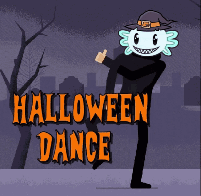 a cartoon axolotl wearing a witch hat and giving a thumbs up with the words halloween dance behind him