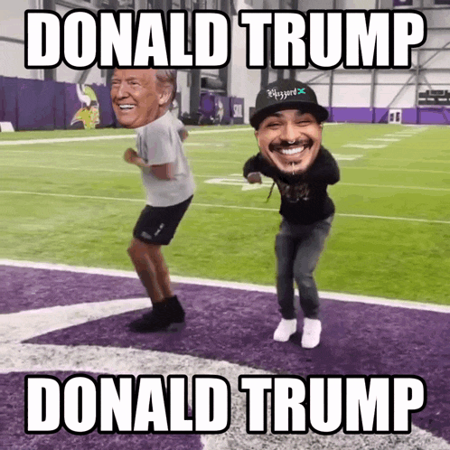 two men are dancing on a football field with donald trump written on the bottom