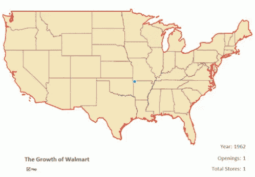 a map showing the growth of walmart from 1983