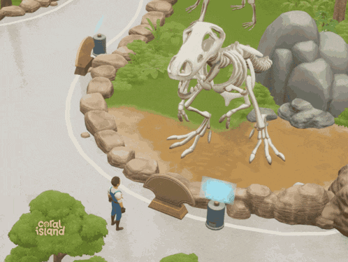 a man stands in front of a large dinosaur skeleton in a coral island game