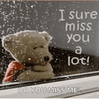 a teddy bear is looking out of a window with a sign that says `` i sure miss you a lot ! ``
