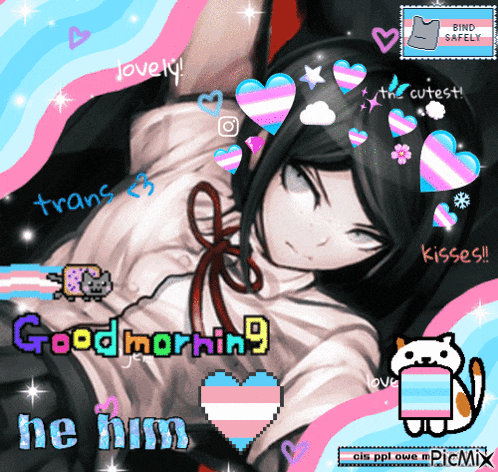 a picture of a boy with hearts and the words good morning he him