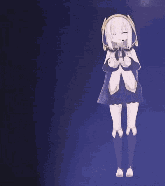 a cartoon character with white hair and a blue cape is waving her hand