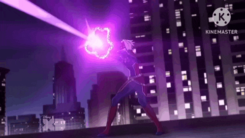 captain marvel is standing on a rooftop holding a purple light .