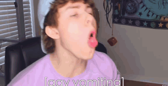 a young man wearing a hat and a purple shirt says lazy vomiting