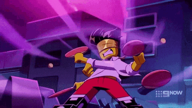a cartoon character is holding a pair of ping pong rackets in front of a now logo