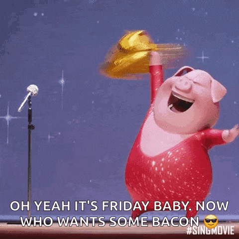 a cartoon pig is singing into a microphone while holding a piece of bacon in his hand .