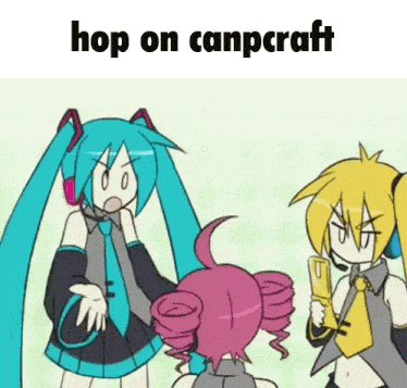 a group of anime characters are standing next to each other and the words hop on canpcraft are above them