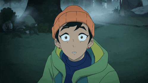 a cartoon character wearing an orange beanie and a green jacket looks surprised