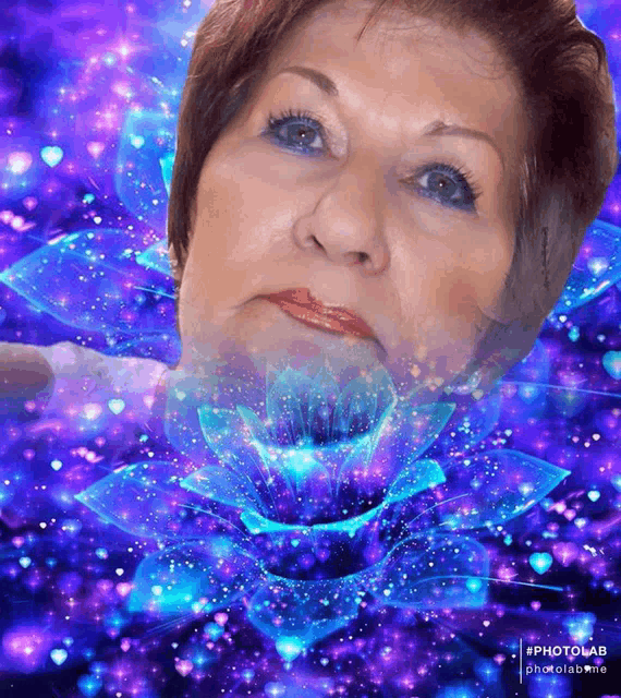 a woman 's face is surrounded by purple and blue flowers and stars