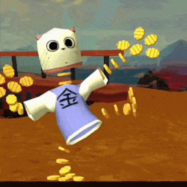 a cartoon character wearing a purple shirt that says 金
