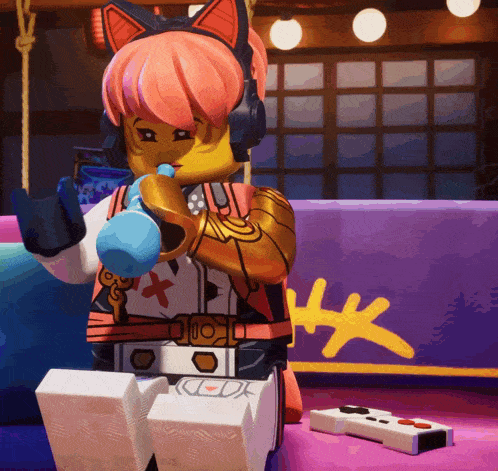 a lego character wearing headphones and a cat ear costume