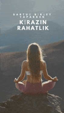 a woman sits in a lotus position on top of a rock with the words kirazin rahatlik written above her