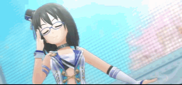 a girl with glasses is wearing a blue and white outfit