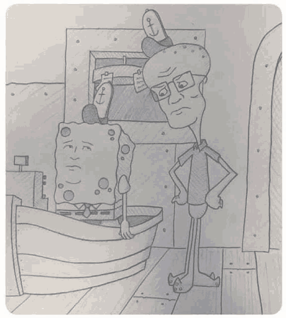 a black and white drawing of spongebob and squidward from spongebob squarepants standing next to each other .